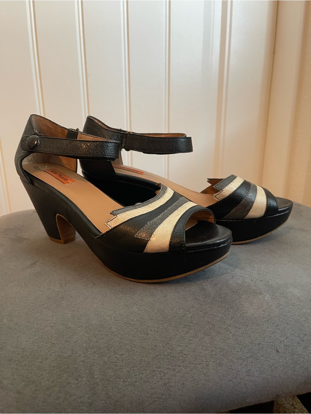 Miz Mooz Black and Ivory Ankle-Strap Platform Heels